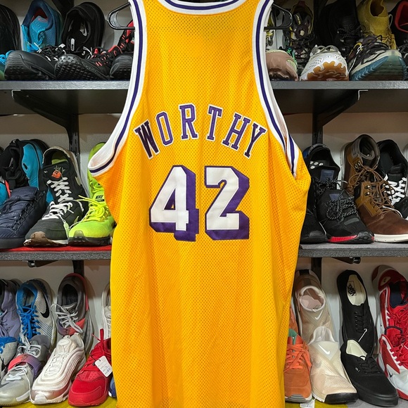 Y2K Worthy Mitchell & Ness Yellow and Purple Lakers Jersey